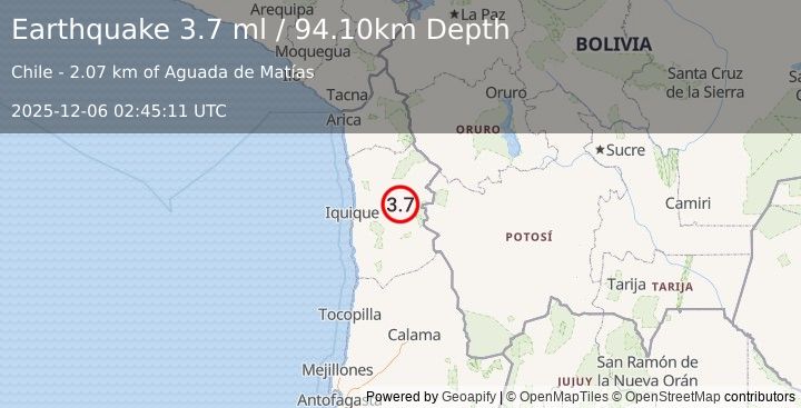 Earthquake TARAPACA, CHILE (3.7 ml) (2025-12-06 02:45:11 UTC)