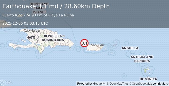 Earthquake PUERTO RICO REGION (3.1 md) (2025-12-06 03:03:15 UTC)