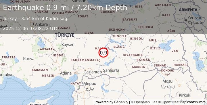 Earthquake EASTERN TURKEY (0.9 ml) (2025-12-06 03:08:22 UTC)