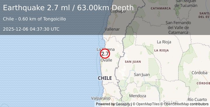 Earthquake COQUIMBO, CHILE (2.7 ml) (2025-12-06 04:37:30 UTC)