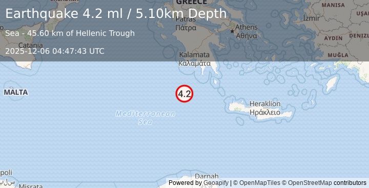 Earthquake CENTRAL MEDITERRANEAN SEA (4.2 ml) (2025-12-06 04:47:43 UTC)