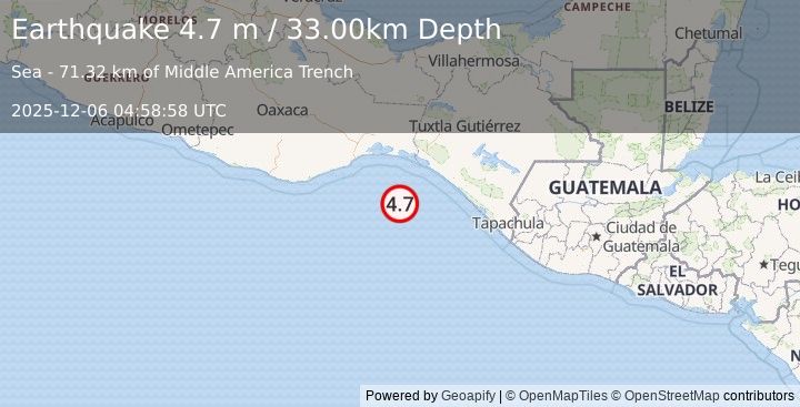 Earthquake OFFSHORE CHIAPAS, MEXICO (4.7 m) (2025-12-06 04:58:58 UTC)