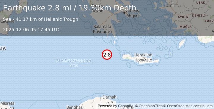 Earthquake CENTRAL MEDITERRANEAN SEA (2.8 ml) (2025-12-06 05:17:45 UTC)
