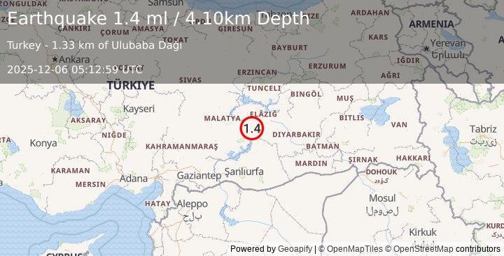 Earthquake EASTERN TURKEY (1.4 ml) (2025-12-06 05:12:58 UTC)