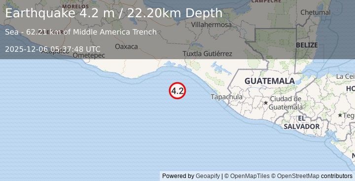 Earthquake OFF COAST OF CHIAPAS, MEXICO (4.2 m) (2025-12-06 05:37:48 UTC)