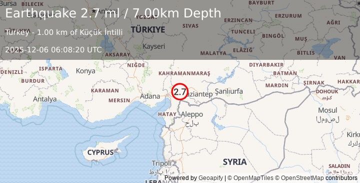 Earthquake CENTRAL TURKEY (2.7 ml) (2025-12-06 06:08:20 UTC)