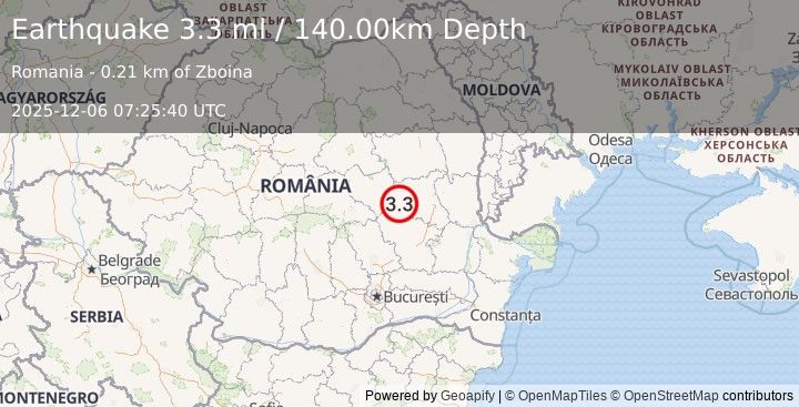 Earthquake ROMANIA (3.3 ml) (2025-12-06 07:25:40 UTC)