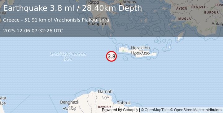 Earthquake CRETE, GREECE (3.8 ml) (2025-12-06 07:32:26 UTC)