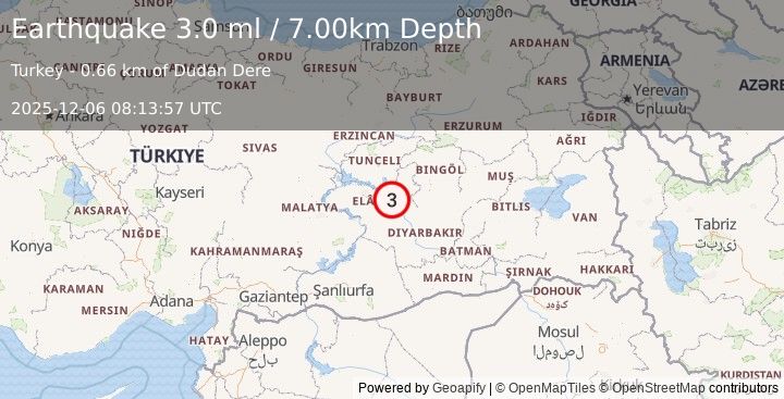 Earthquake EASTERN TURKEY (3.0 ml) (2025-12-06 08:13:57 UTC)