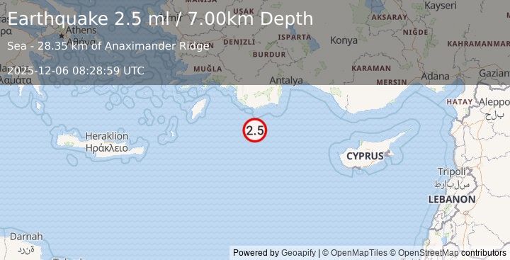 Earthquake EASTERN MEDITERRANEAN SEA (2.5 ml) (2025-12-06 08:28:59 UTC)