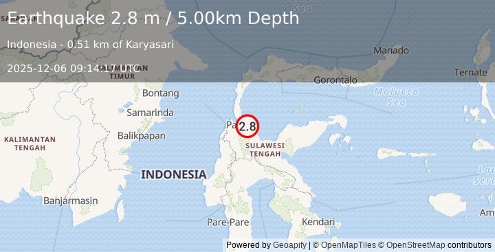 Earthquake MINAHASA, SULAWESI, INDONESIA (2.8 m) (2025-12-06 09:14:17 UTC)