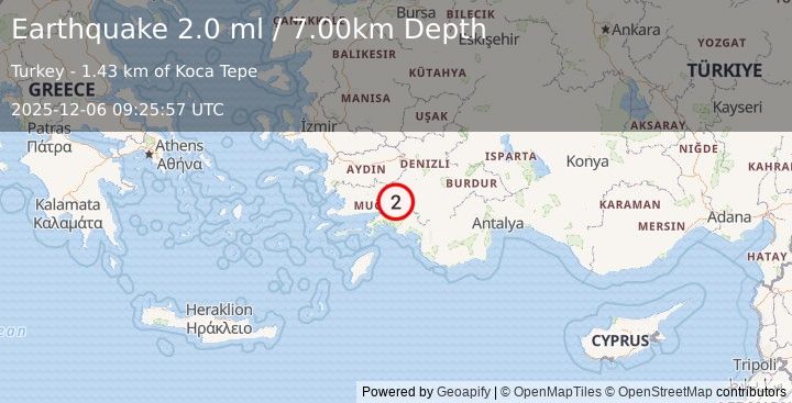 Earthquake WESTERN TURKEY (2.0 ml) (2025-12-06 09:25:57 UTC)