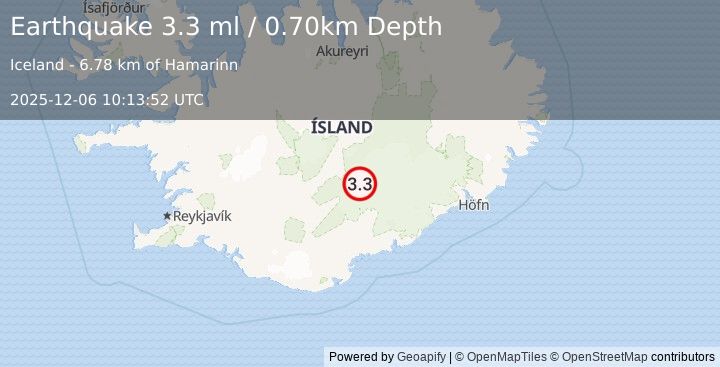 Earthquake ICELAND (3.3 ml) (2025-12-06 10:13:52 UTC)