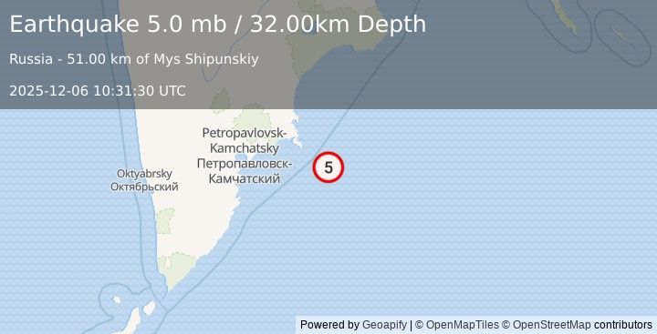 Earthquake OFF EAST COAST OF KAMCHATKA (4.8 mb) (2025-12-06 10:31:26 UTC)