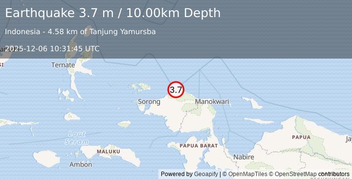 Earthquake NEAR N COAST OF PAPUA, INDONESIA (3.7 m) (2025-12-06 10:31:45 UTC)
