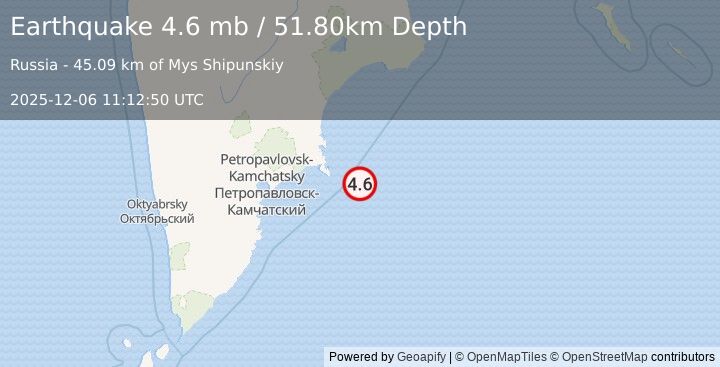 Earthquake NEAR EAST COAST OF KAMCHATKA (4.6 mb) (2025-12-06 11:12:50 UTC)