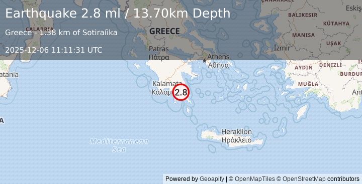 Earthquake SOUTHERN GREECE (2.8 ml) (2025-12-06 11:11:28 UTC)