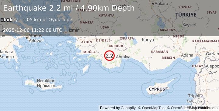 Earthquake WESTERN TURKEY (2.2 ml) (2025-12-06 11:22:08 UTC)