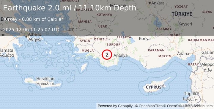 Earthquake WESTERN TURKEY (2.1 ml) (2025-12-06 11:25:07 UTC)
