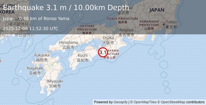 Earthquake NEAR S. COAST OF WESTERN HONSHU (3.1 m) (2025-12-06 11:52:30 UTC)
