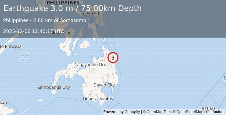 Earthquake MINDANAO, PHILIPPINES (3.0 m) (2025-12-06 12:40:17 UTC)