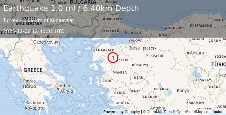 Earthquake WESTERN TURKEY (1.0 ml) (2025-12-06 12:45:32 UTC)