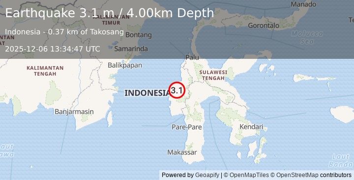 Earthquake SULAWESI, INDONESIA (3.1 m) (2025-12-06 13:34:47 UTC)