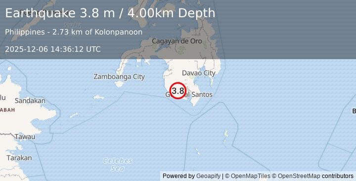 Earthquake MINDANAO, PHILIPPINES (3.8 m) (2025-12-06 14:36:12 UTC)