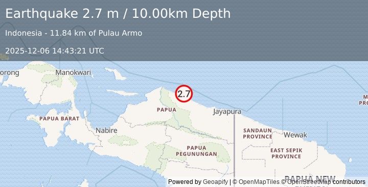 Earthquake NEAR N COAST OF PAPUA, INDONESIA (2.7 m) (2025-12-06 14:43:21 UTC)