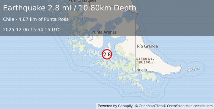 Earthquake TA. DEL FUEGO, MAGALLANES, CHILE (2.8 ml) (2025-12-06 15:54:15 UTC)
