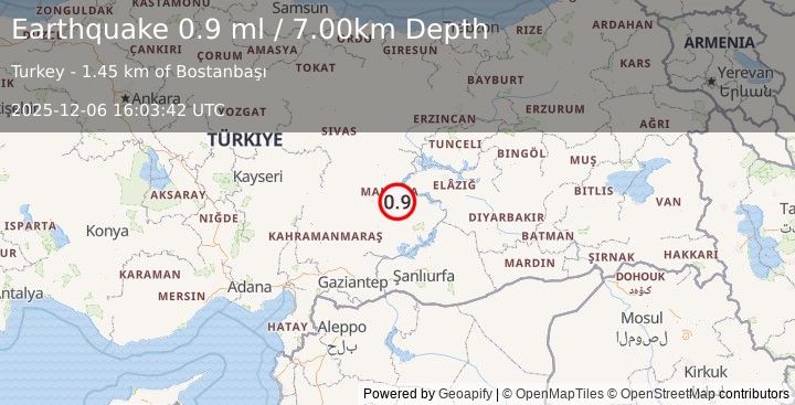 Earthquake EASTERN TURKEY (0.9 ml) (2025-12-06 16:03:42 UTC)