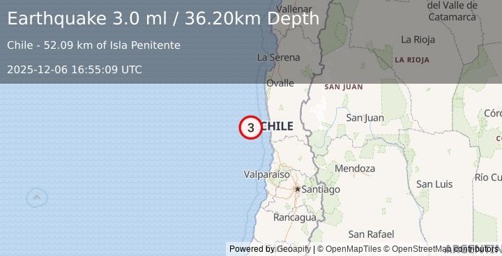 Earthquake OFFSHORE COQUIMBO, CHILE (3.0 ml) (2025-12-06 16:55:09 UTC)