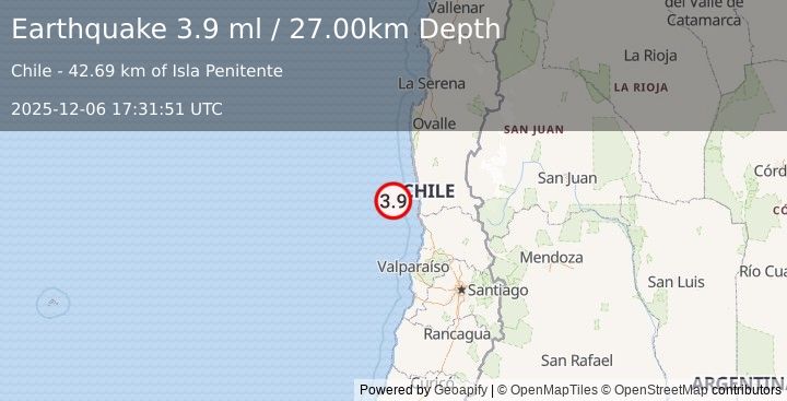 Earthquake OFFSHORE COQUIMBO, CHILE (4.0 ml) (2025-12-06 17:31:47 UTC)