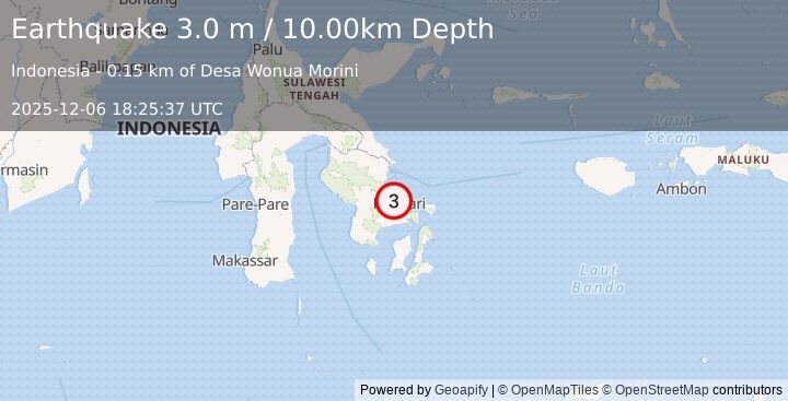 Earthquake SULAWESI, INDONESIA (3.0 m) (2025-12-06 18:25:37 UTC)