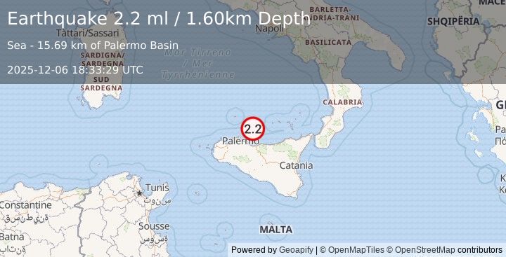 Earthquake SICILY, ITALY (2.2 ml) (2025-12-06 18:33:29 UTC)