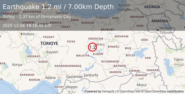 Earthquake EASTERN TURKEY (1.2 ml) (2025-12-06 18:16:45 UTC)