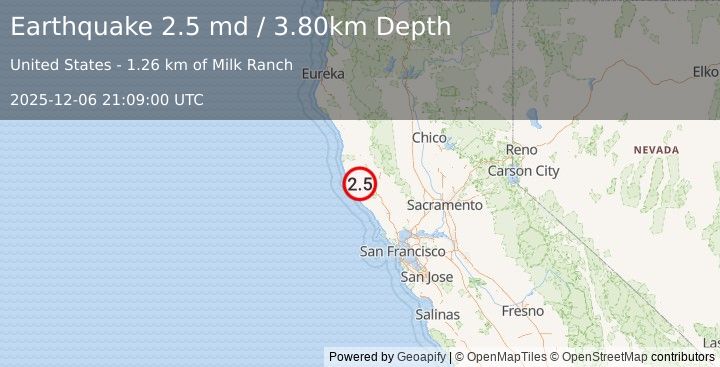 Earthquake NORTHERN CALIFORNIA (2.5 md) (2025-12-06 21:09:00 UTC)
