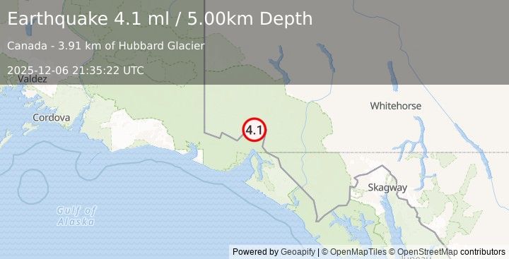 Earthquake SOUTHERN YUKON TERRITORY, CANADA (4.1 ml) (2025-12-06 21:35:23 UTC)