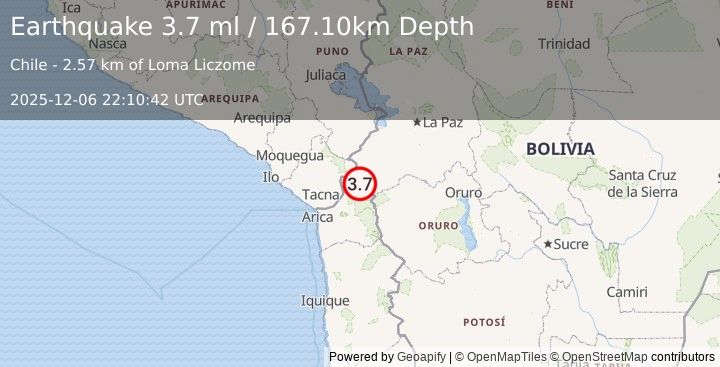 Earthquake TARAPACA, CHILE (3.7 ml) (2025-12-06 22:10:42 UTC)