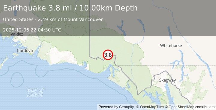 Earthquake SOUTHERN YUKON TERRITORY, CANADA (3.8 ml) (2025-12-06 22:04:30 UTC)