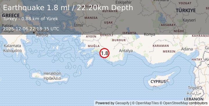 Earthquake WESTERN TURKEY (1.8 ml) (2025-12-06 22:18:34 UTC)