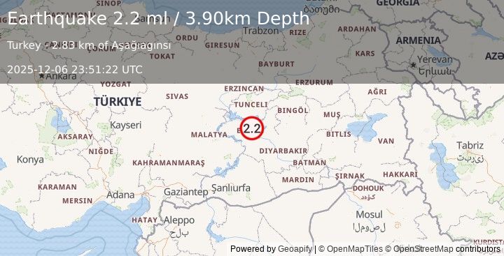 Earthquake EASTERN TURKEY (2.2 ml) (2025-12-06 23:51:22 UTC)