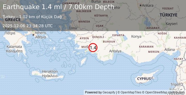 Earthquake WESTERN TURKEY (1.4 ml) (2025-12-06 23:34:28 UTC)