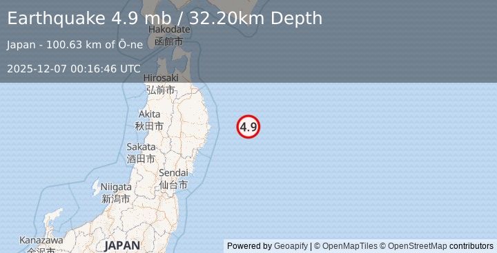 Earthquake OFF EAST COAST OF HONSHU, JAPAN (4.9 mb) (2025-12-07 00:16:46 UTC)