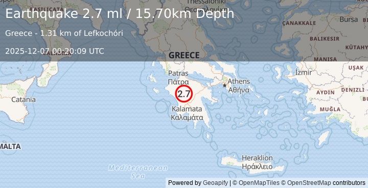 Earthquake SOUTHERN GREECE (2.7 ml) (2025-12-07 00:20:09 UTC)