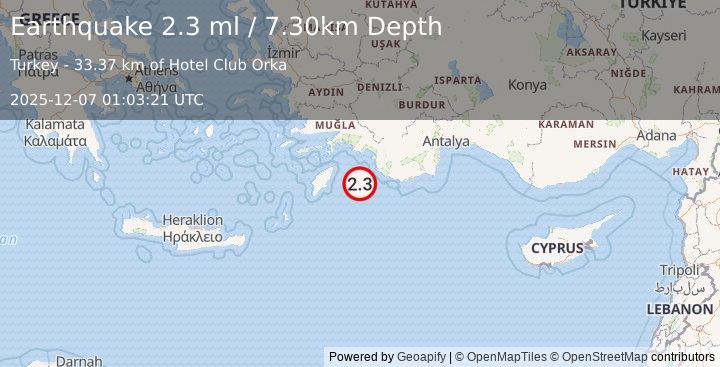 Earthquake DODECANESE IS.-TURKEY BORDER REG (2.2 ml) (2025-12-07 01:03:24 UTC)