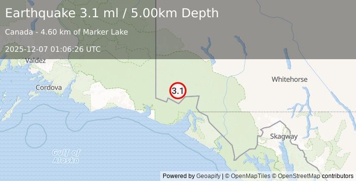 Earthquake SOUTHERN YUKON TERRITORY, CANADA (3.1 ml) (2025-12-07 01:06:26 UTC)