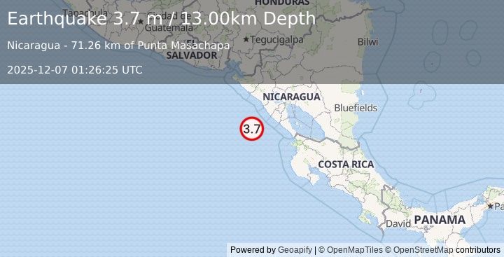 Earthquake NEAR COAST OF NICARAGUA (3.7 m) (2025-12-07 01:26:25 UTC)