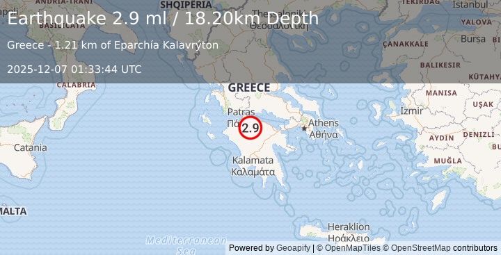 Earthquake SOUTHERN GREECE (2.9 ml) (2025-12-07 01:33:43 UTC)
