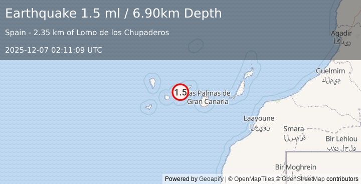Earthquake CANARY ISLANDS, SPAIN REGION (1.5 ml) (2025-12-07 02:11:09 UTC)